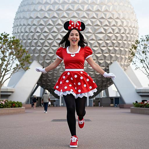 Woman in Minnie Mouse Costume Running at Epcot Spaceship Earth