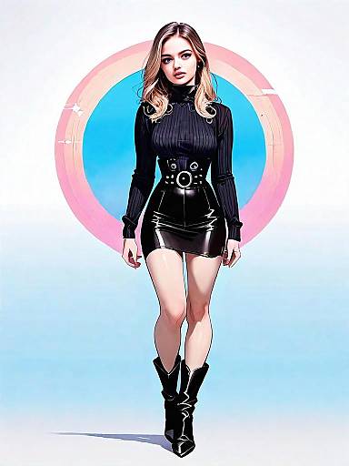 Realistic Comic Style Woman Full Body Portrait in Modern Black Outfit