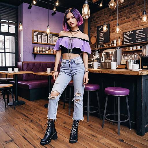 Trendy Young Woman with Purple Hair in Modern Cafe Interior