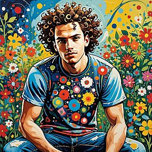 Young Man in Colorful Garden