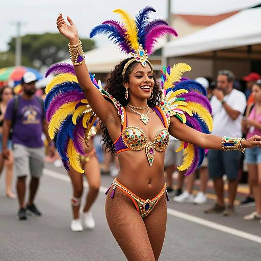 Colorful Woman Dancing in Carnival Parade with Feathered Costume