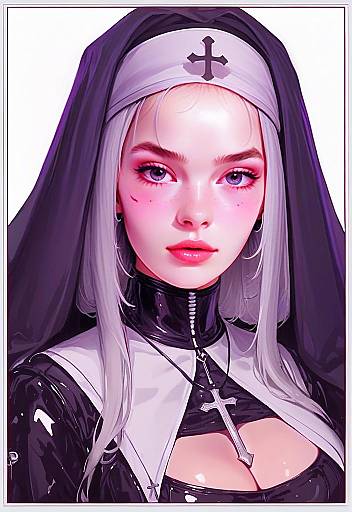 Digital Art of Modern Nun Woman with Cross Necklace in Anime Style