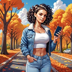 Stylish Woman in Denim Jacket on Autumn Street Digital Illustration