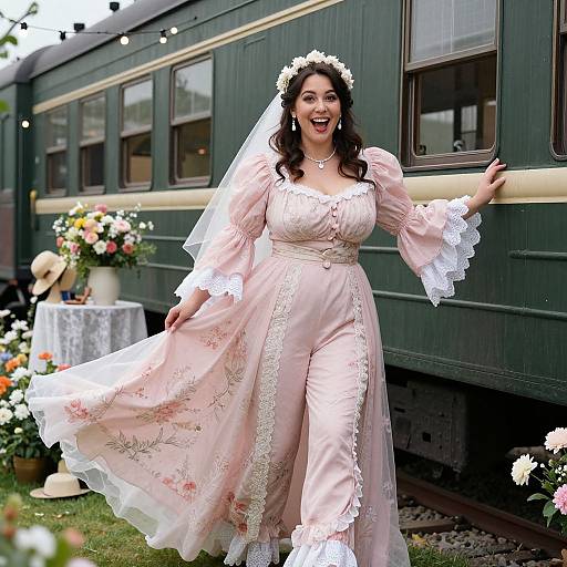 Vintage Style Woman in Pink Bridal Jumpsuit by Train Carriage