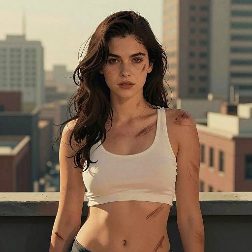 Strong Gen Z Woman with Scratches on Rooftop Urban Background