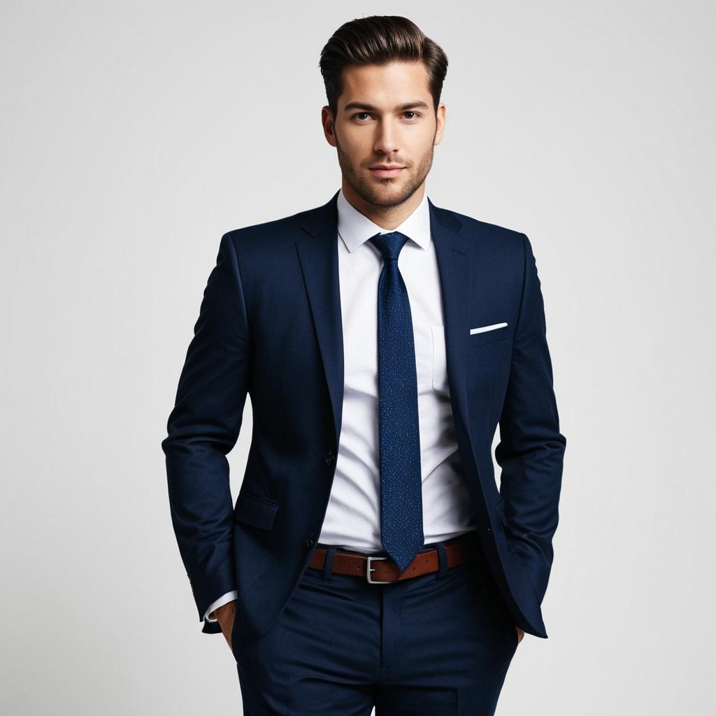 Confident Young Man in Navy Blue Suit and Tie Portrait