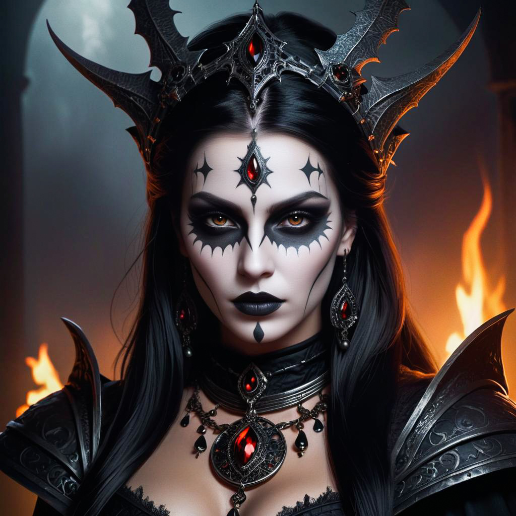 Dark Fantasy Woman with Crown and Flames