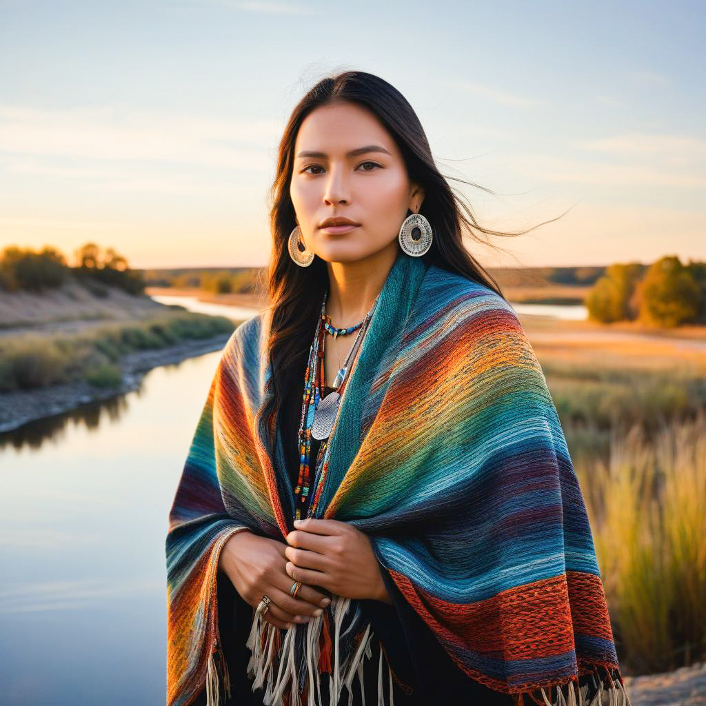 Woman by Tranquil River at Sunset