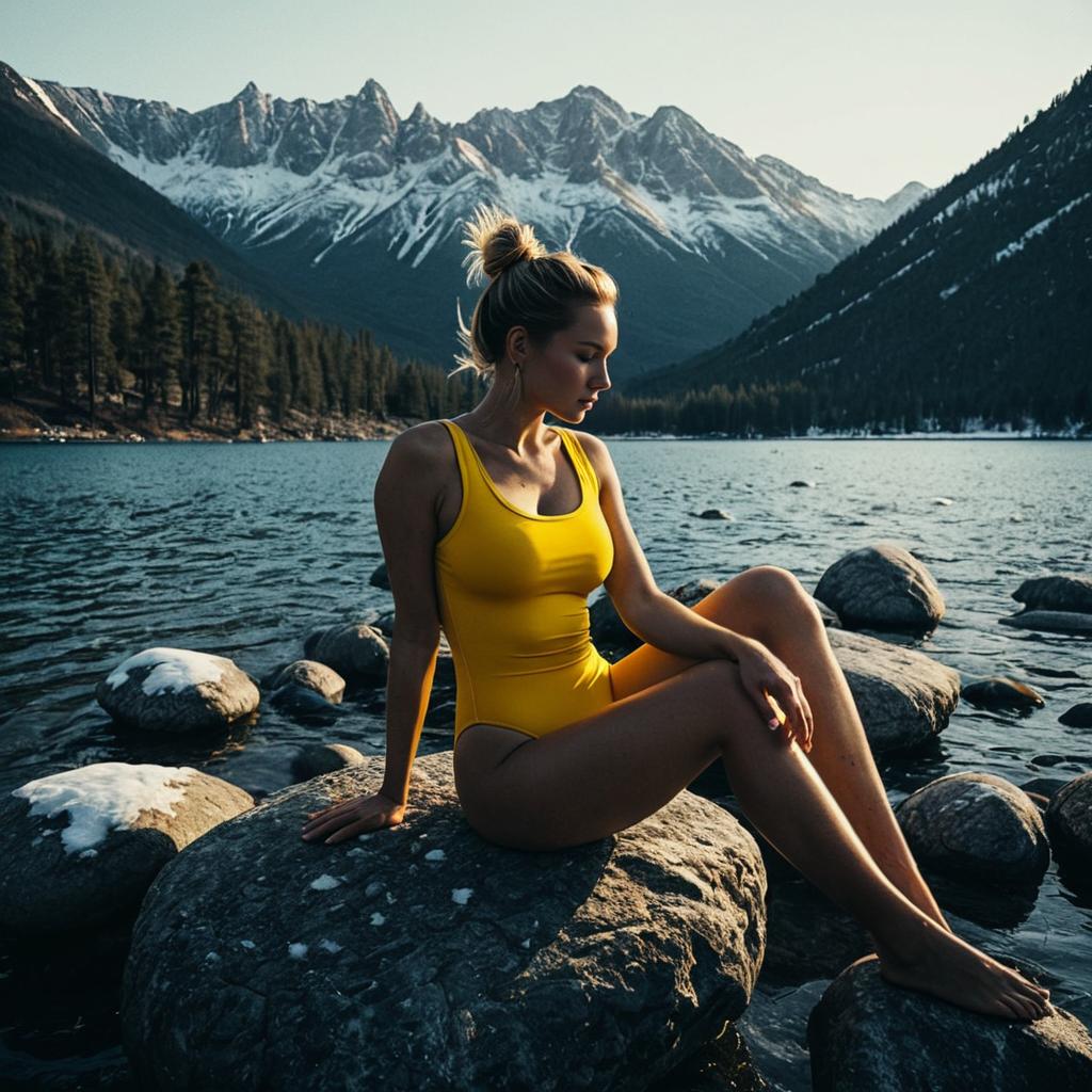 Woman in Yellow Swimsuit by Mountain Lake at Sunset