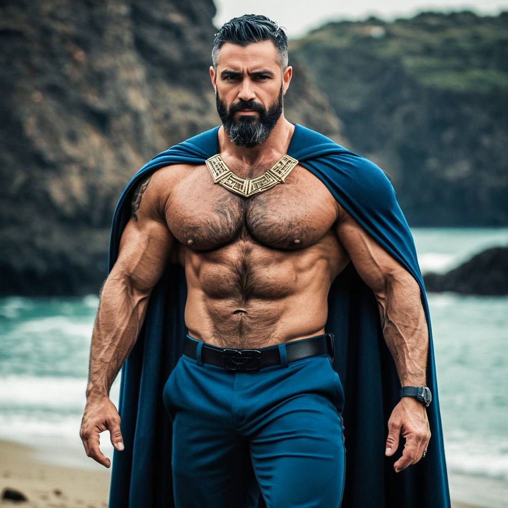 Muscular Man in Dark Blue Cape on Beach Muscular Man in Dark Blue Cape on Beach