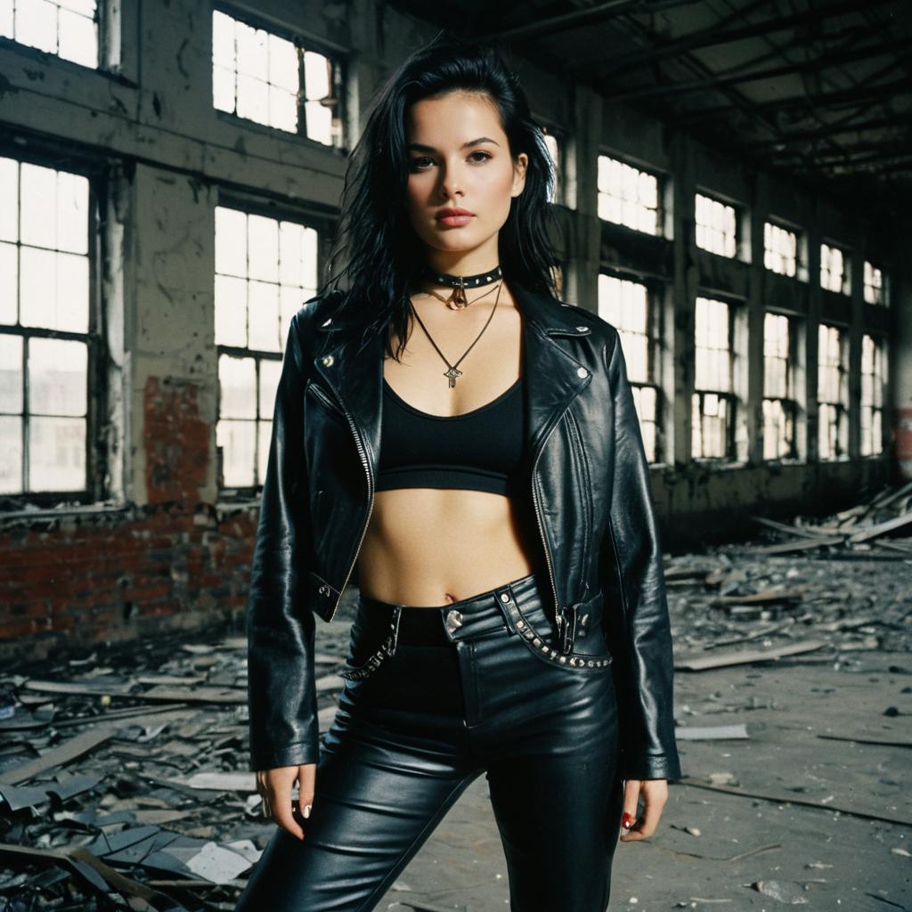 Edgy Woman in Black Leather Jacket Posing in Abandoned Industrial Warehouse