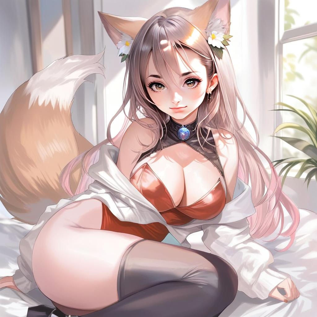 Anime Woman with Fox Ears and Tail in Elegant Revealing Outfit