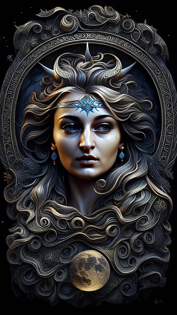 Fantasy Digital Portrait of a Woman with Flowing Hair and Lunar Symbol