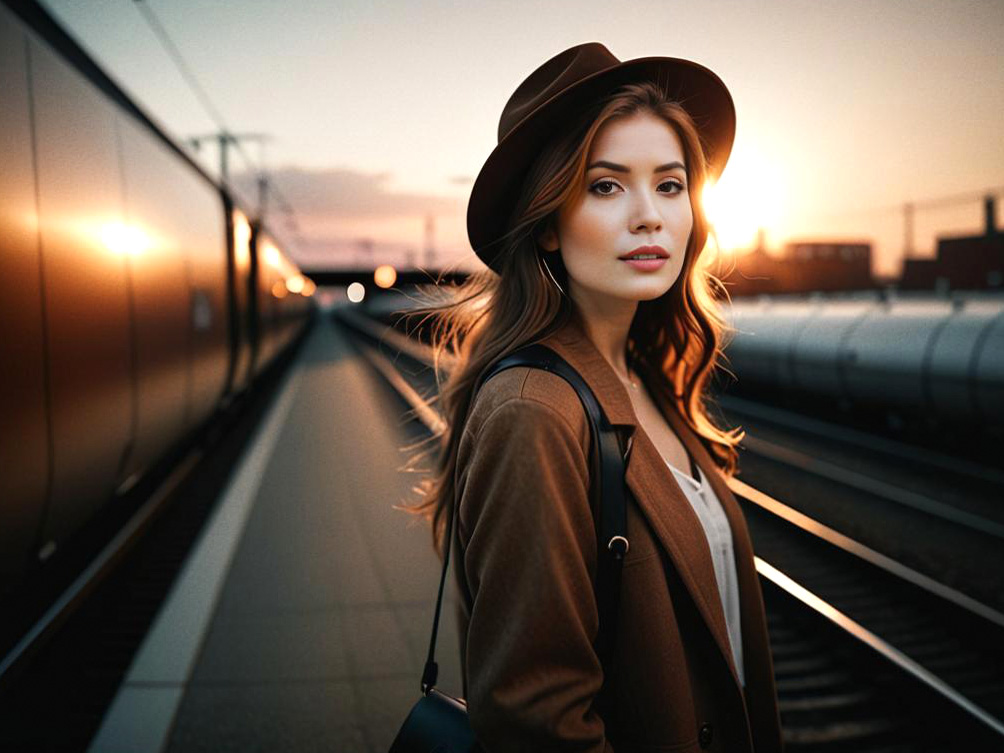 Woman in Brown Coat at Sunset on Train Platform