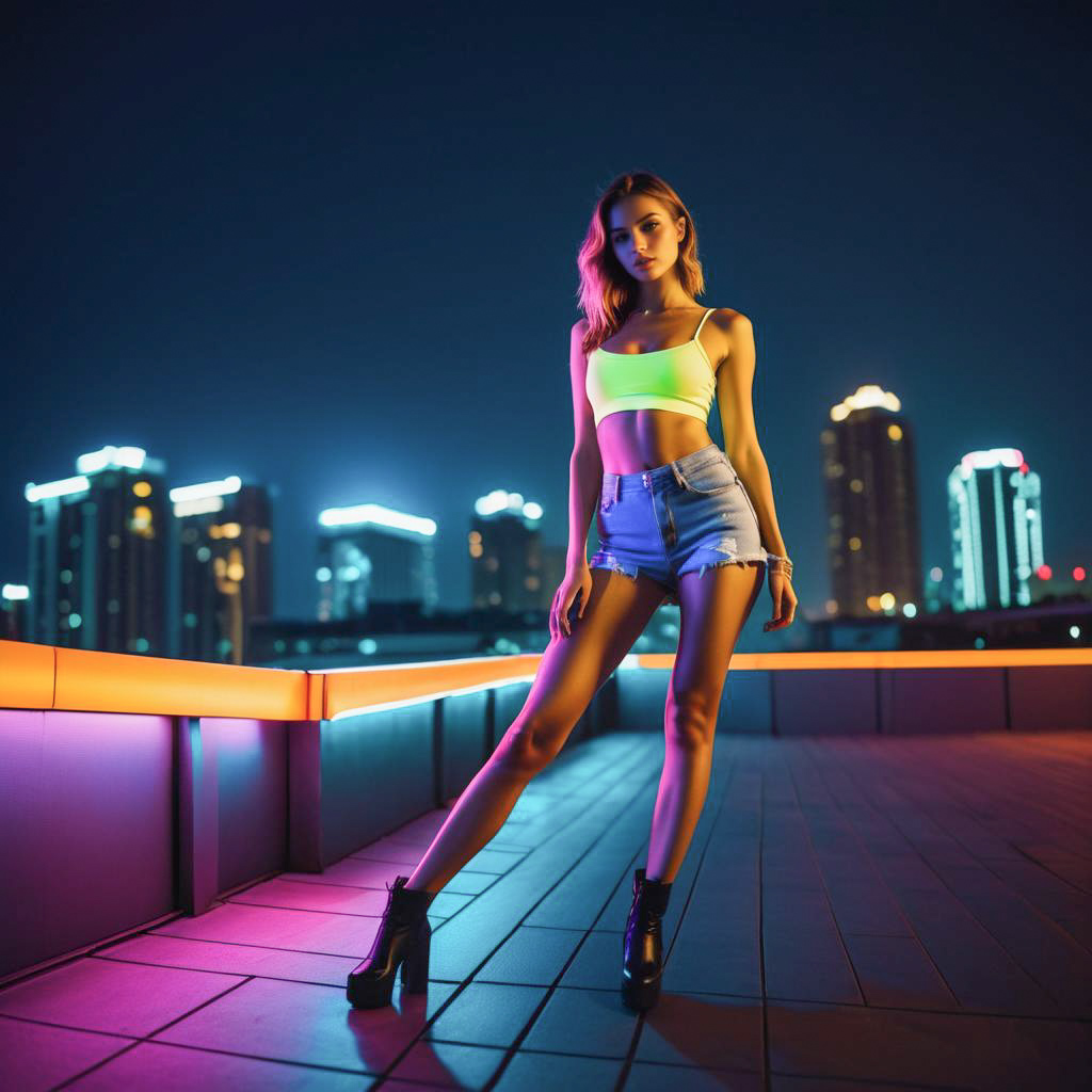 Confident Woman in Neon Outfit on Rooftop at Night