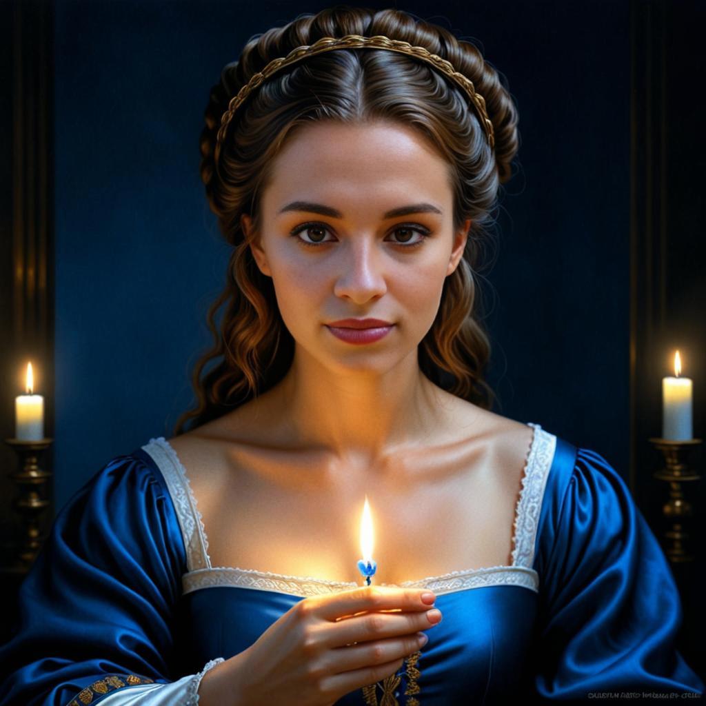 Woman in Regal Blue Dress with Candle