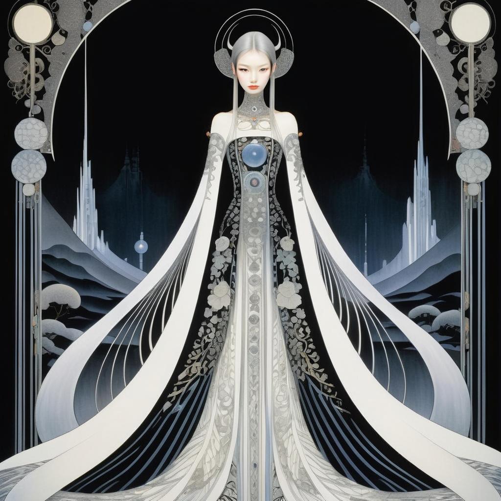 Futuristic Woman in Flowing Gown Against Dark Landscape