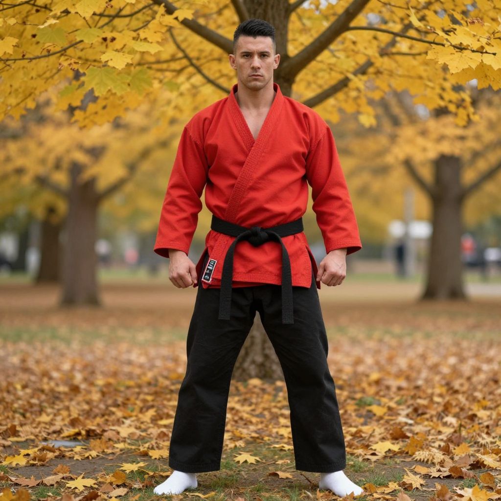 Martial Arts Man in Red Gi Standing in Autumn Park