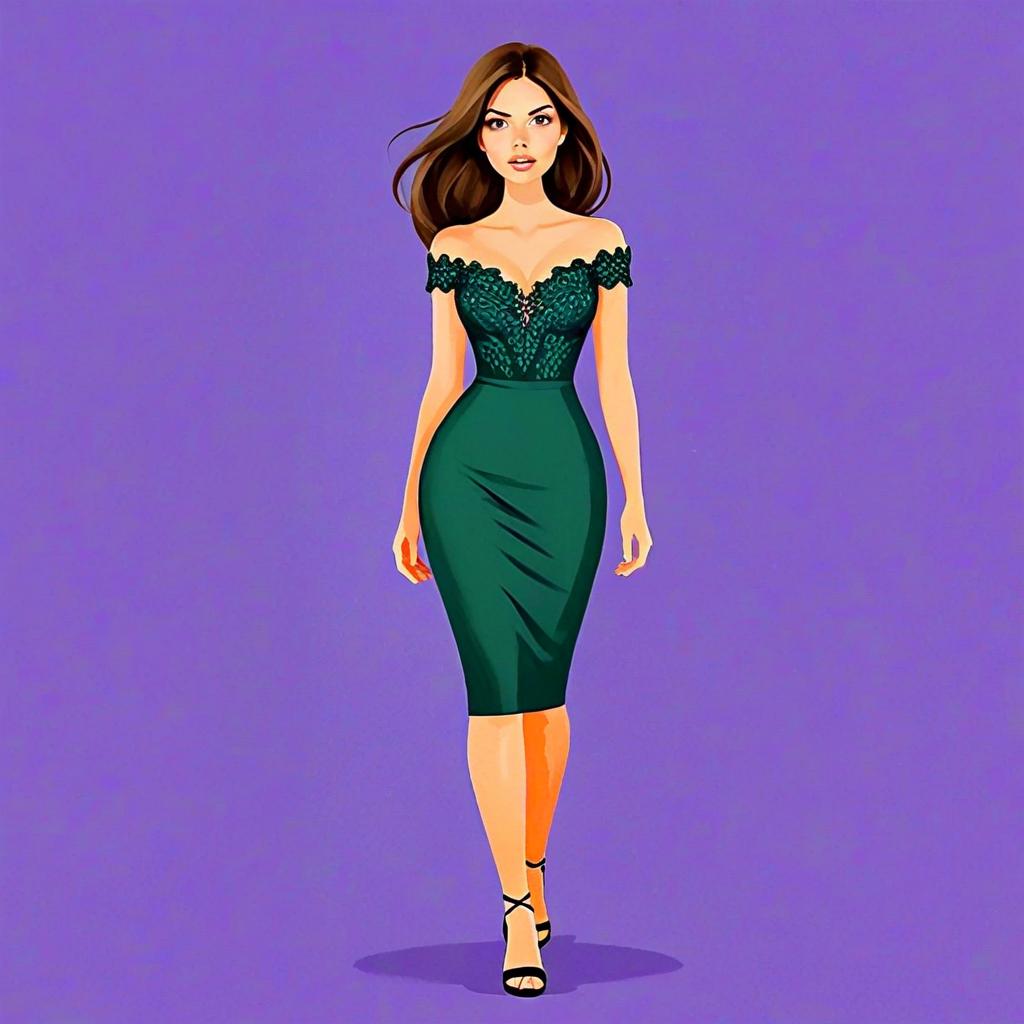 Woman in Green Lace Bodycon Dress with Sleek Silhouette Illustration
