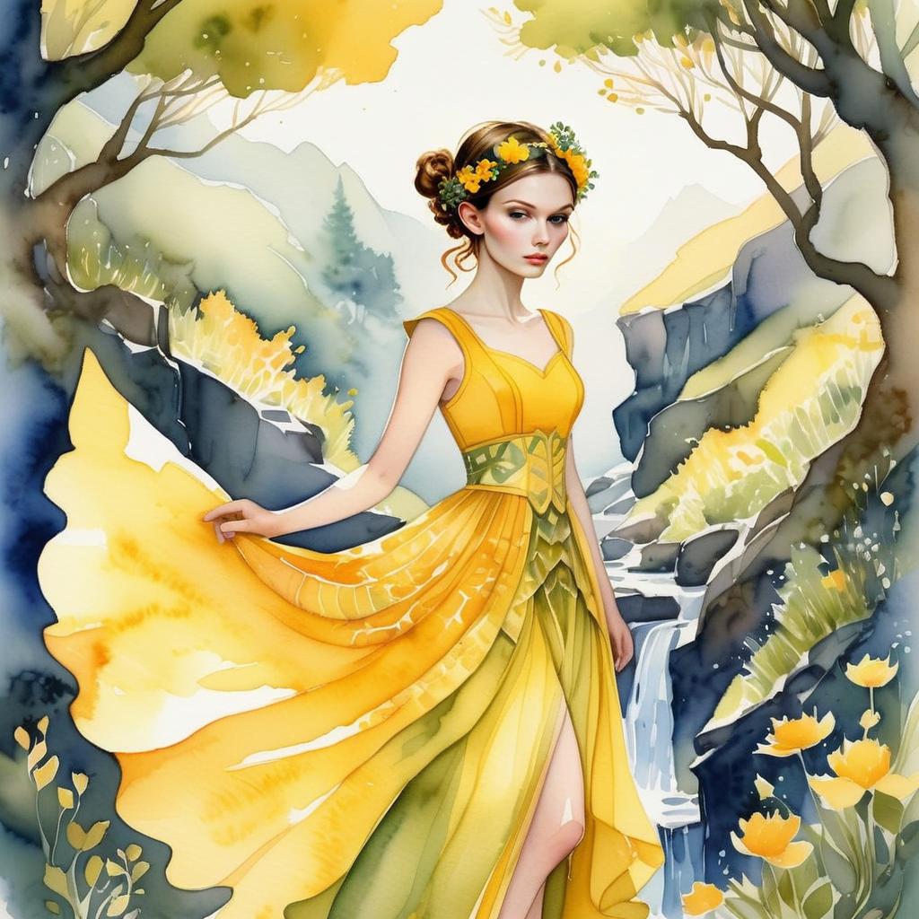 Woman in Yellow Dress in Serene Nature Scene