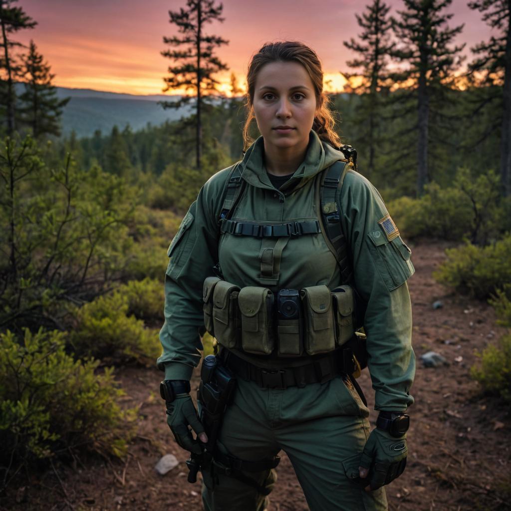 Confident Woman in Tactical Gear at Dusk