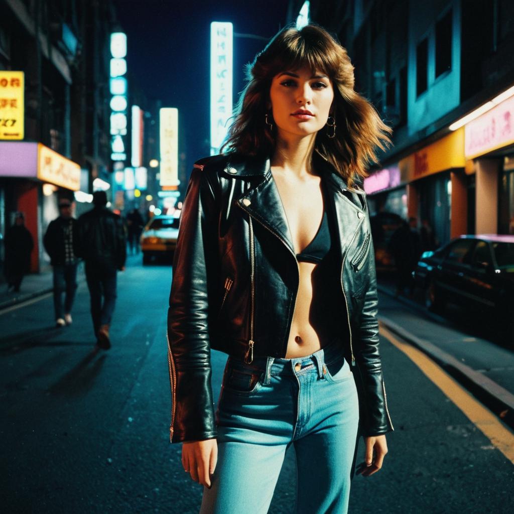 Edgy Woman in Black Leather Jacket on Neon City Street at Night