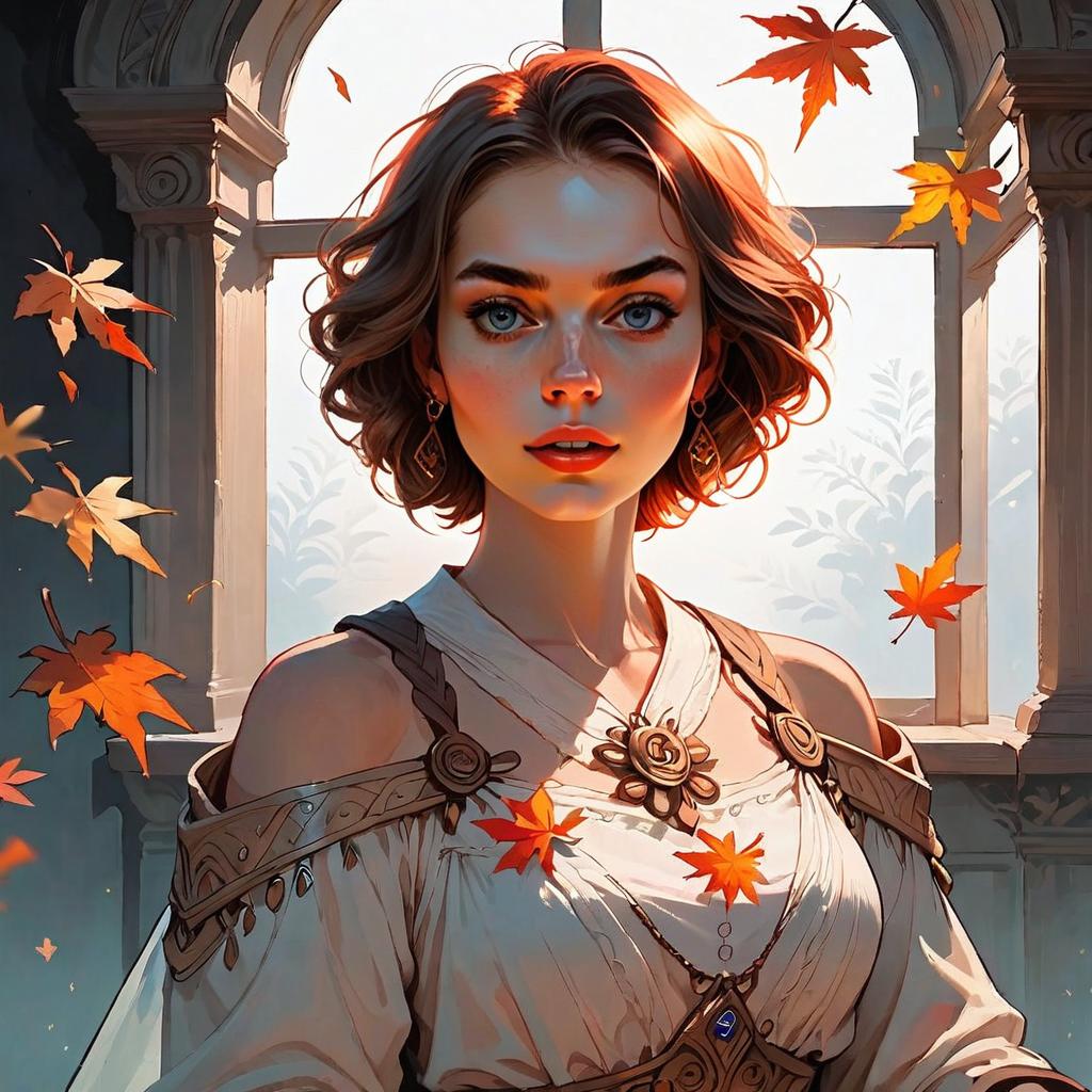 Fantasy Portrait of Woman with Autumn Leaves by Window