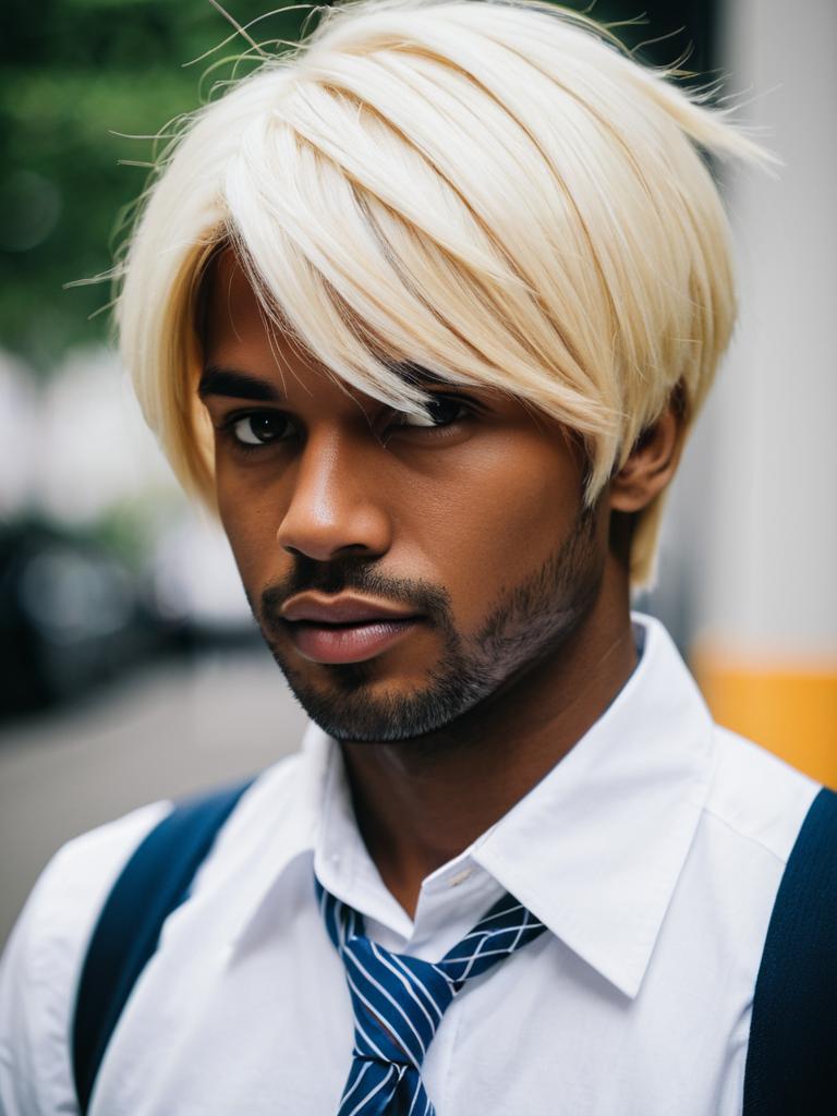 Portrait of Man with Platinum Blonde Hair Wearing White Shirt and Blue Tie