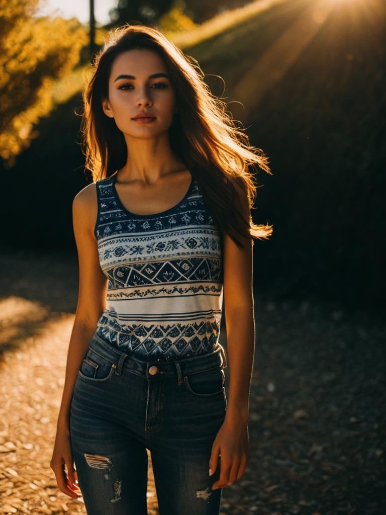 Woman in Casual Sleeveless Blue and White Graphic Print Top Outdoors