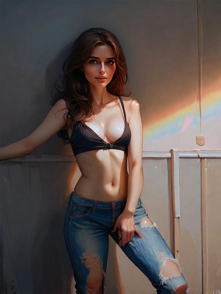 Confident Woman in Black Bralette and Ripped Jeans Indoors with Prism Light