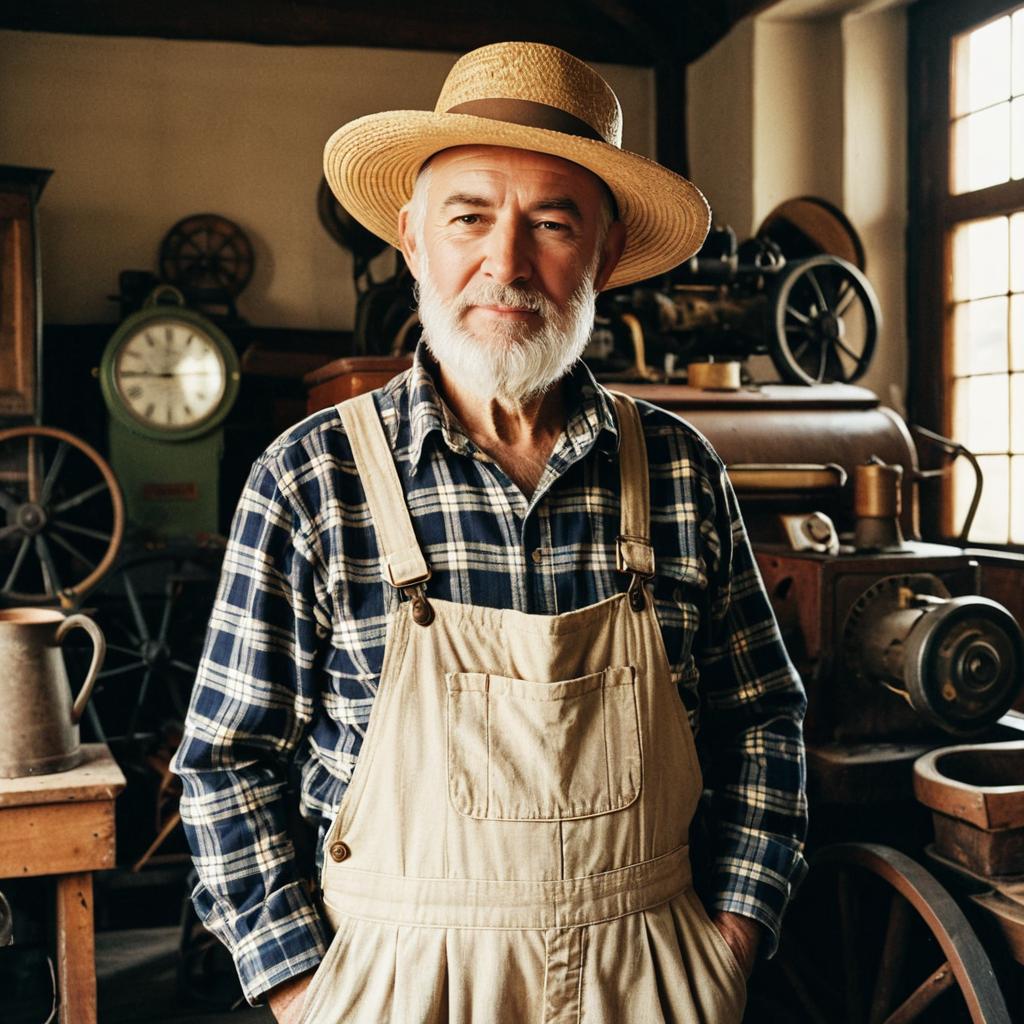 Elderly Man in Straw Hat and Overalls in Vintage Workshop