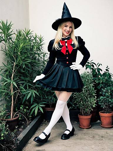 Woman in Minnie Witch Costume with Red Bow and Black Dress