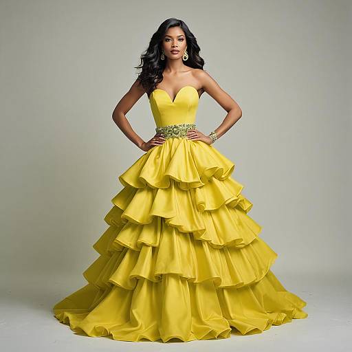 Elegant Woman in Yellow Ruffled Ball Gown with Jeweled Belt