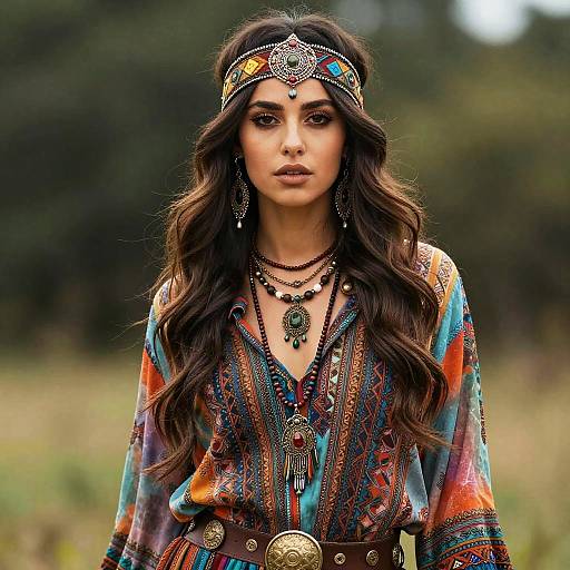 Woman in Colorful Hippie Costume with Layered Jewelry and Headband