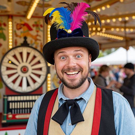 Cheerful Man in Feathered Top Hat at Carnival Game Booth