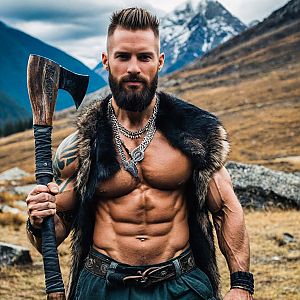 Muscular Man with Axe in Rugged Mountains
