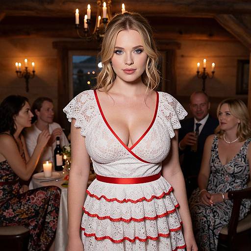 Woman in White Lace Dress with Red Trim at Elegant Rustic Dinner Party