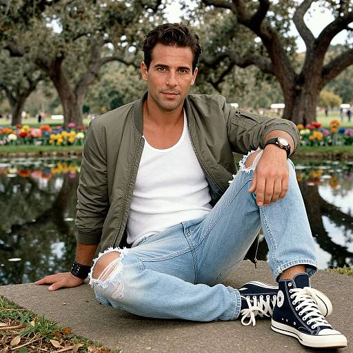 Casual Stylish Man Sitting Outdoors by Pond in Park Wearing Ripped Jeans