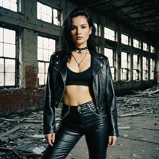 Edgy Woman in Black Leather Jacket Posing in Abandoned Industrial Warehouse