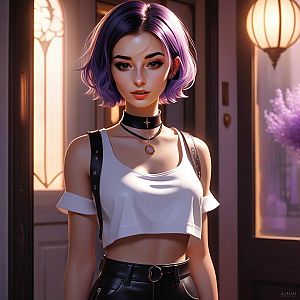 Stylish woman with purple hair in chic fashion