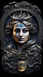 Fantasy Digital Portrait of a Woman with Flowing Hair and Lunar Symbol