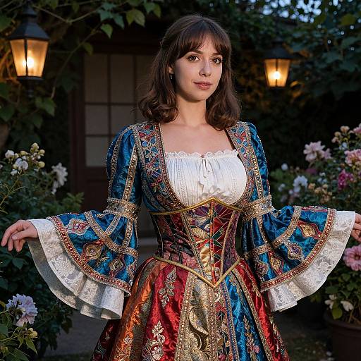 Renaissance Style Woman in Embroidered Historical Gown in Garden