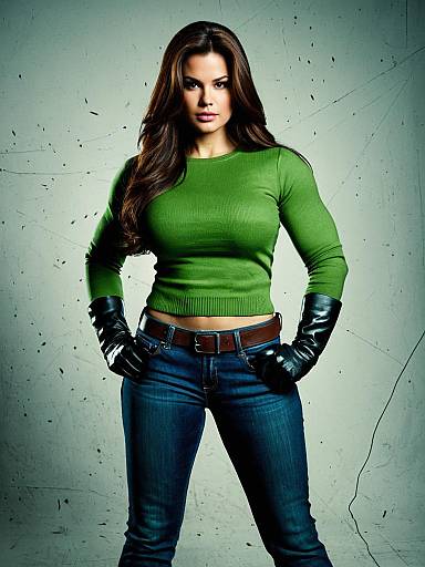 Woman in She-Hulk Inspired Costume with Green Top and Jeans