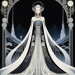 Futuristic Woman in Flowing Gown Against Dark Landscape
