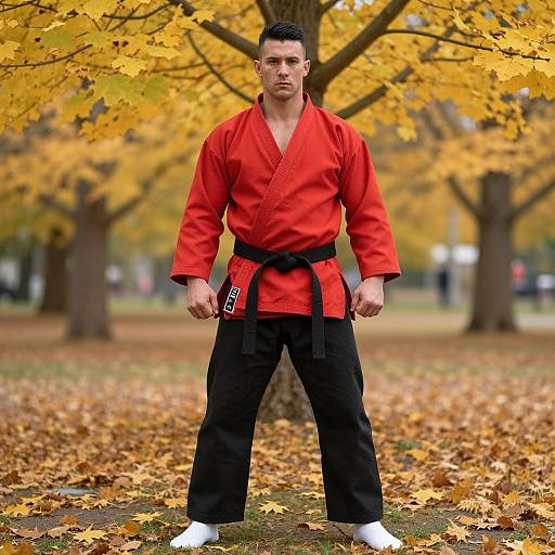 Martial Arts Man in Red Gi Standing in Autumn Park