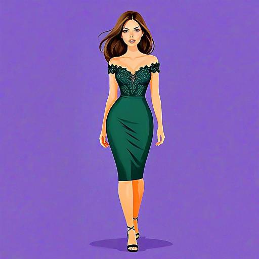 Woman in Green Lace Bodycon Dress with Sleek Silhouette Illustration