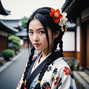 Young Woman in Kimono with Floral Hair Ornaments