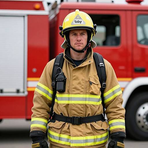 Male Firefighter in Protective Gear with Fire Truck Background