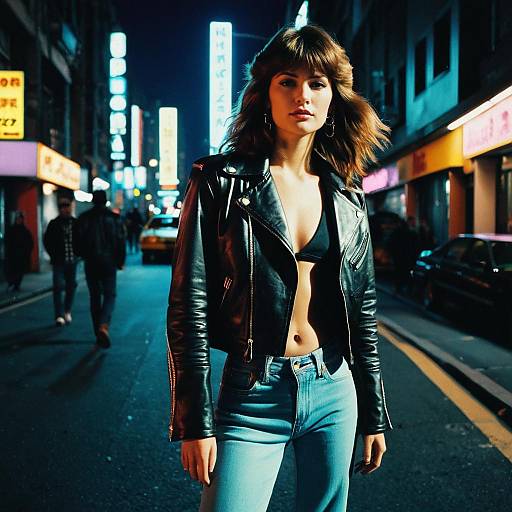 Edgy Woman in Black Leather Jacket on Neon City Street at Night