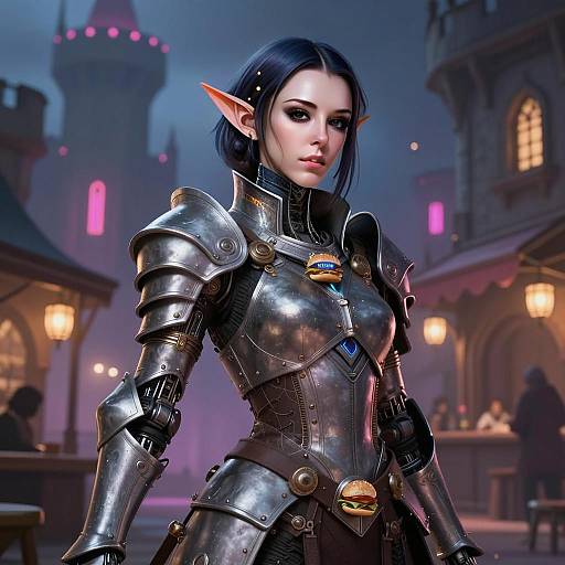 Cyberpunk Medieval Female Warrior Portrait with Futuristic Armor